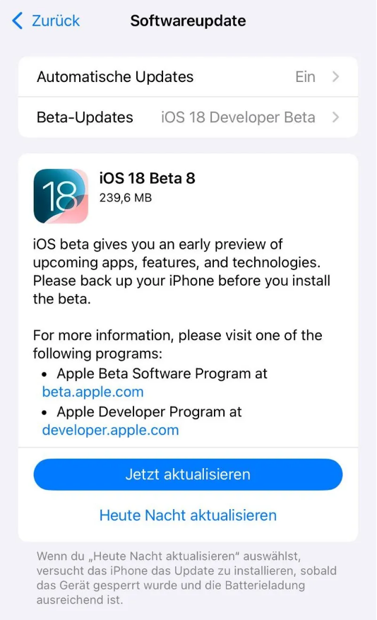 下花园苹果手机维修分享苹果 iOS / iPadOS 18 开发者预览版 Beta 8 发布 